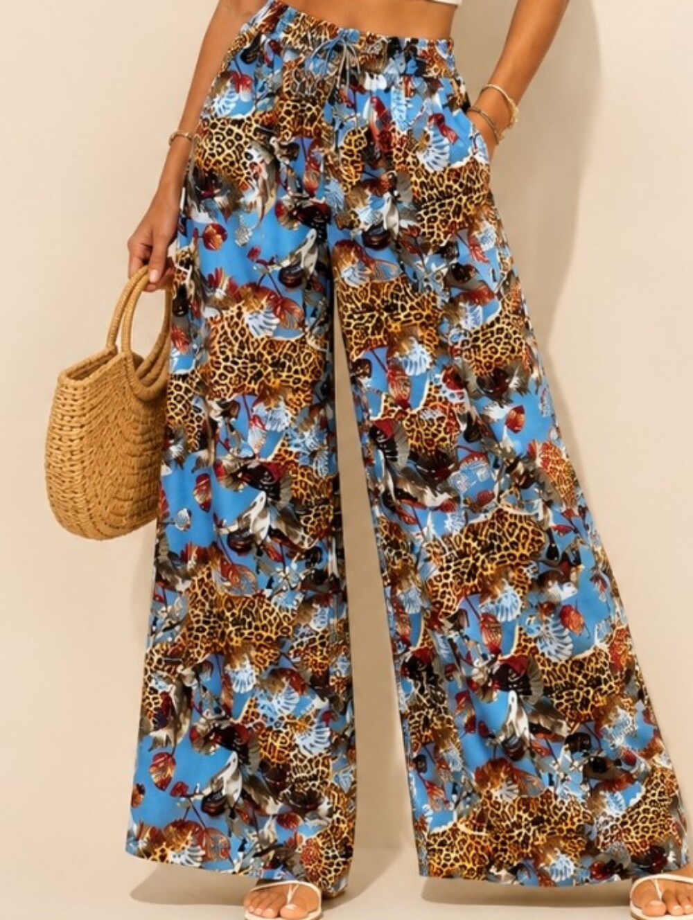 Sky Blue Leopard & Floral Wide Leg Palazzo Pants